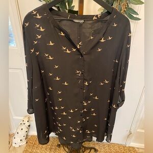 Catherines Semi Sheer Bird Print Button Down Shirt Longline 3X